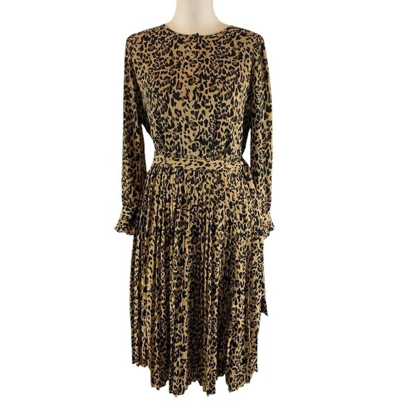 J.Crew Carly Leopard Long Sleeve Pleated Midi Dress Women's 4 A Line Tie Waist - Picture 1 of 14